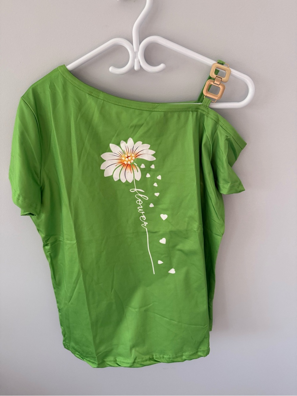 Green One-Shoulder Floral Tee with Buckle Strap